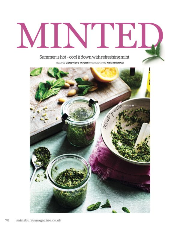 A front cover page showing a cool mint pesto being made in a bowl and put into jars