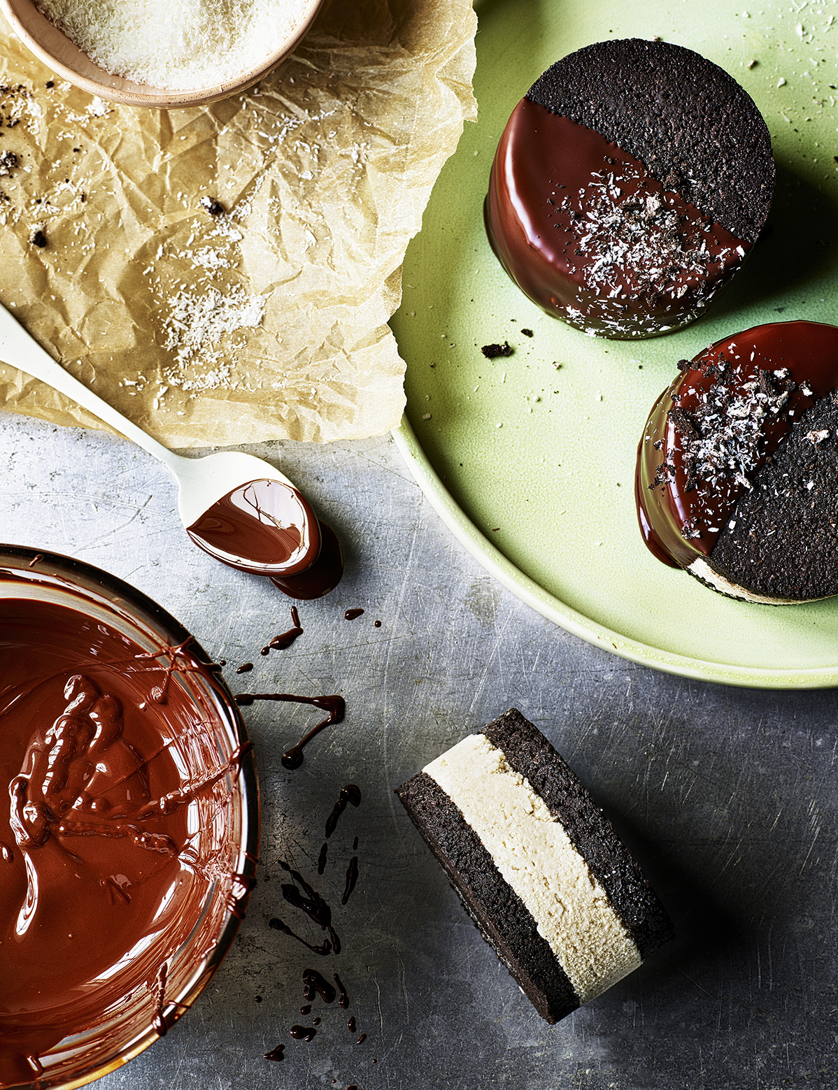 Food photography showing a cookie sandwich