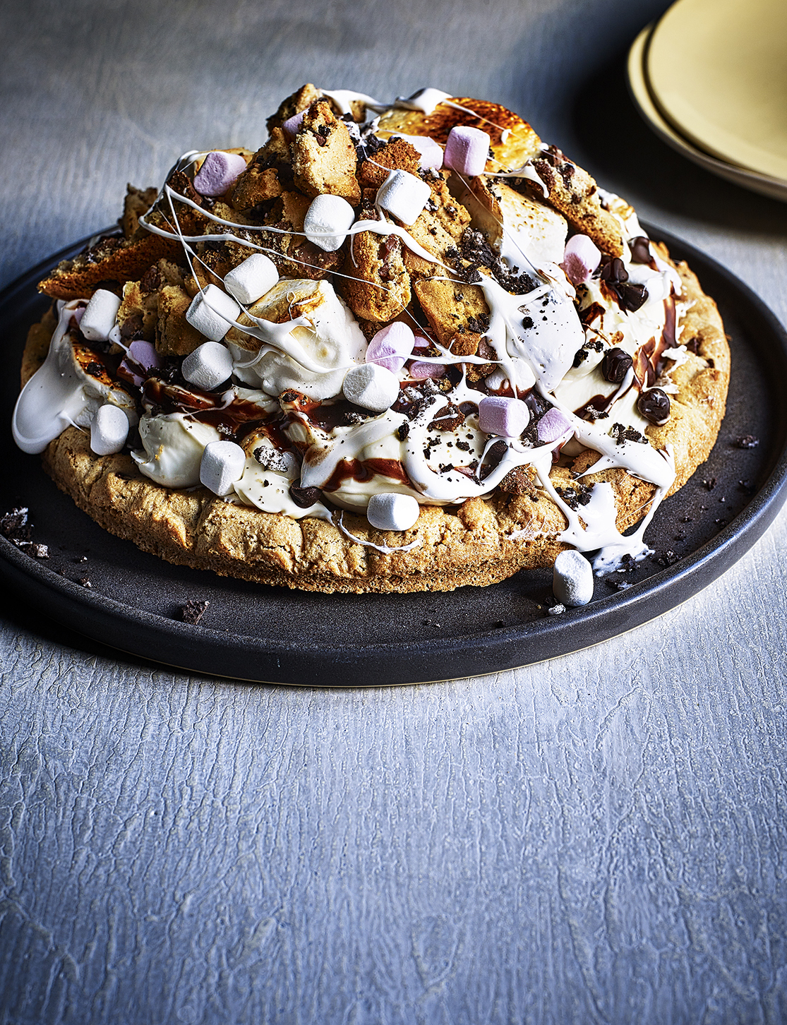Food photography showing a smores cake