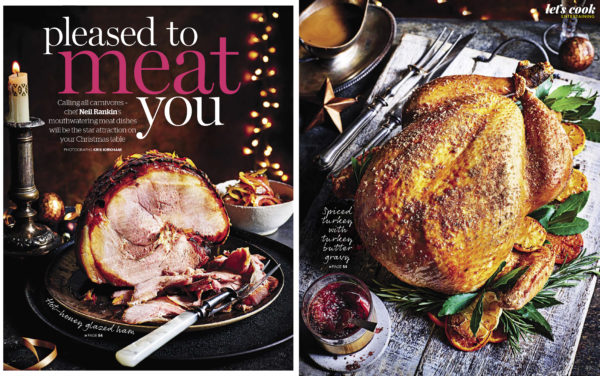 Food photography showing front cover of Pleased To Meet You and a whole roasted chicken