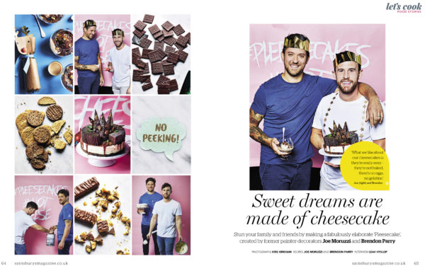 Creative food photography showing front cover of Sweet Dreams are made of Cheesecake and images of chef and ingredients