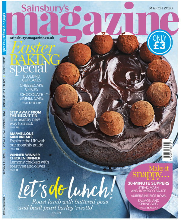 Creative food photography showing front cover of Sainsburys magazine, with a truffle topped chocolate cake