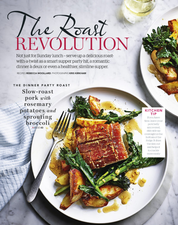 Creative food photography showing front cover of Roast Revolution magazine, with a plate of roast pork on a bed of potato and brocolli