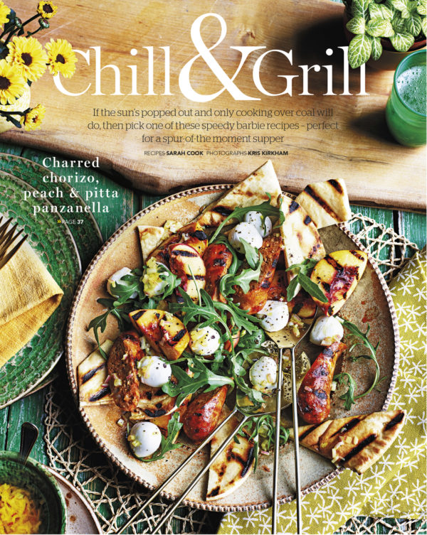 Creative food photography showing front cover of Chill & Grill magazine with grilled meat, mozzeralla balls and flat bread