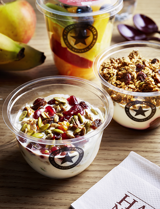A selection of breakfast choices from fruit to yogurts